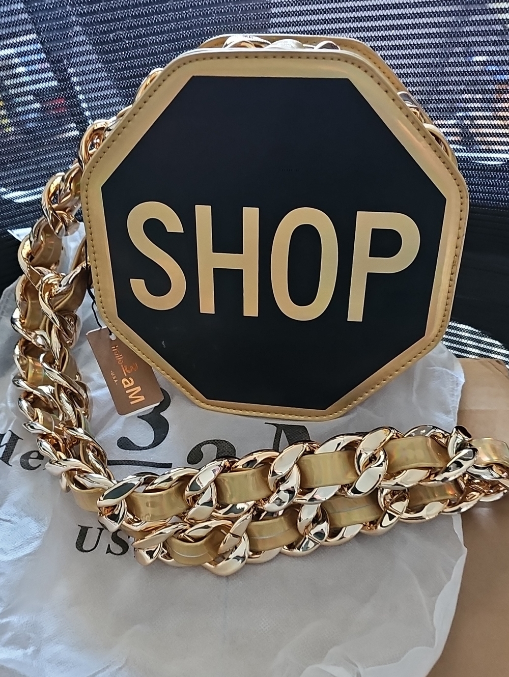 Black & Gold 'SHOP' Octagon Crossbody Phone Case with Chain Strap